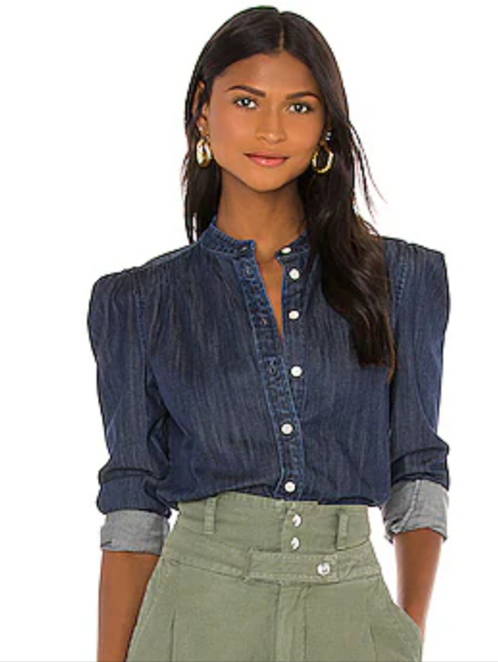 FRAME $268 Charlie Puff-Sleeve Denim Top Women's Small "Gorham" Dark Wash - Picture 2 of 15